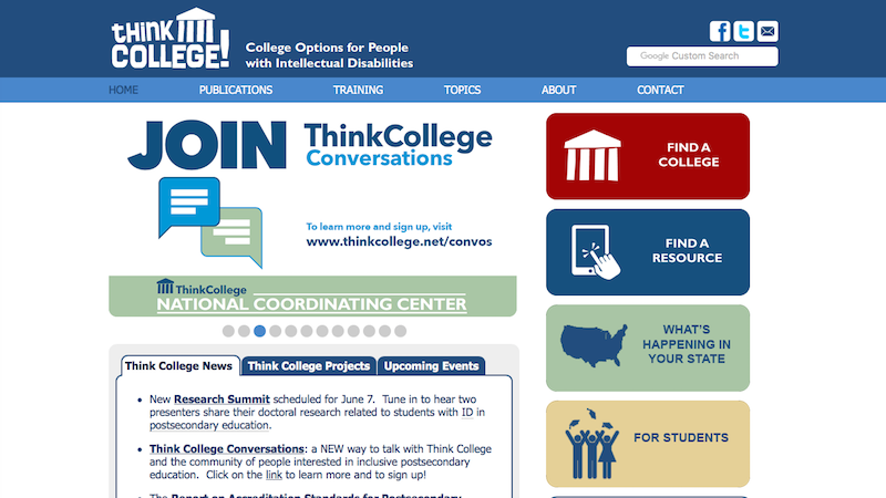 Think College web page photo