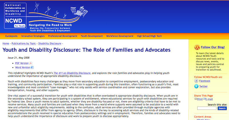 NCWD Disability Disclosure web page