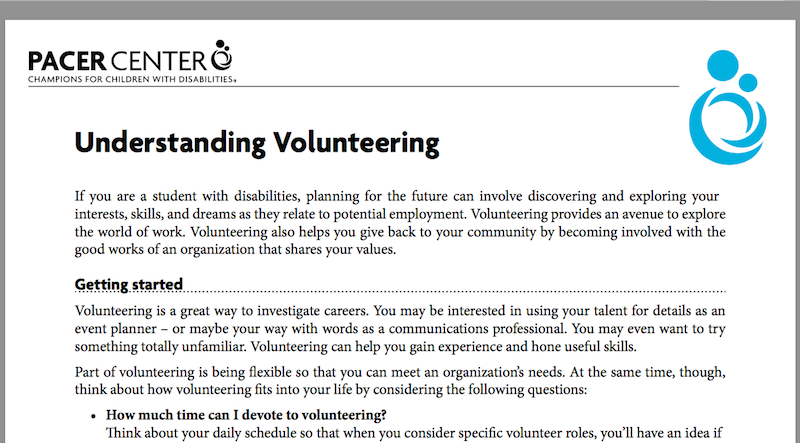 PACER volunteering booklet info sheet image