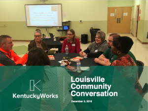 Photo of people around a table during the community conversation in Louisville.