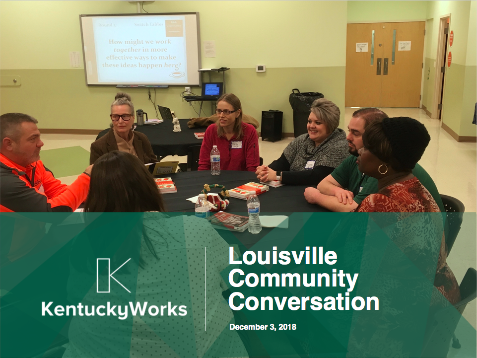 Photo of people around a table during the community conversation in Louisville.