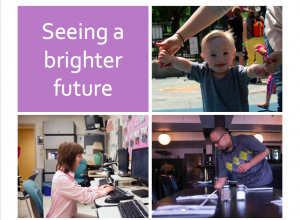 Seeing a Brighter Future title and photo of young woman with a disability at a computer, a man with Down syndrome cleaning off a table, and a young child with Down syndrome