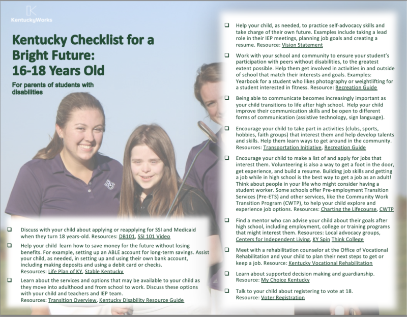Checklist with photo of young white woman with Down syndrome and two female friends playing golf