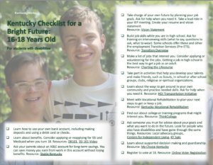 Kentucky Checklist for a Bright Future: 16-18 years-old (Student)