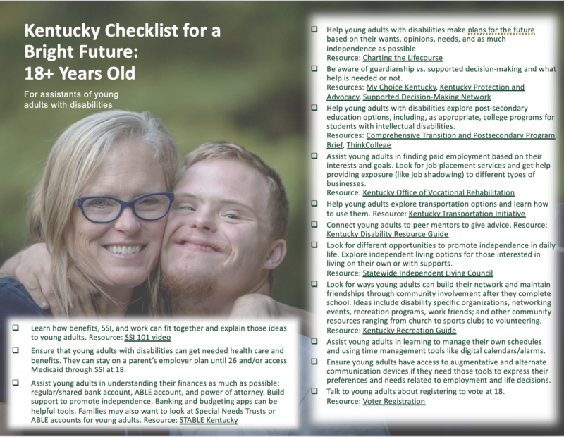 Checklist with middle-aged, blond white woman and young white man with Down syndrome